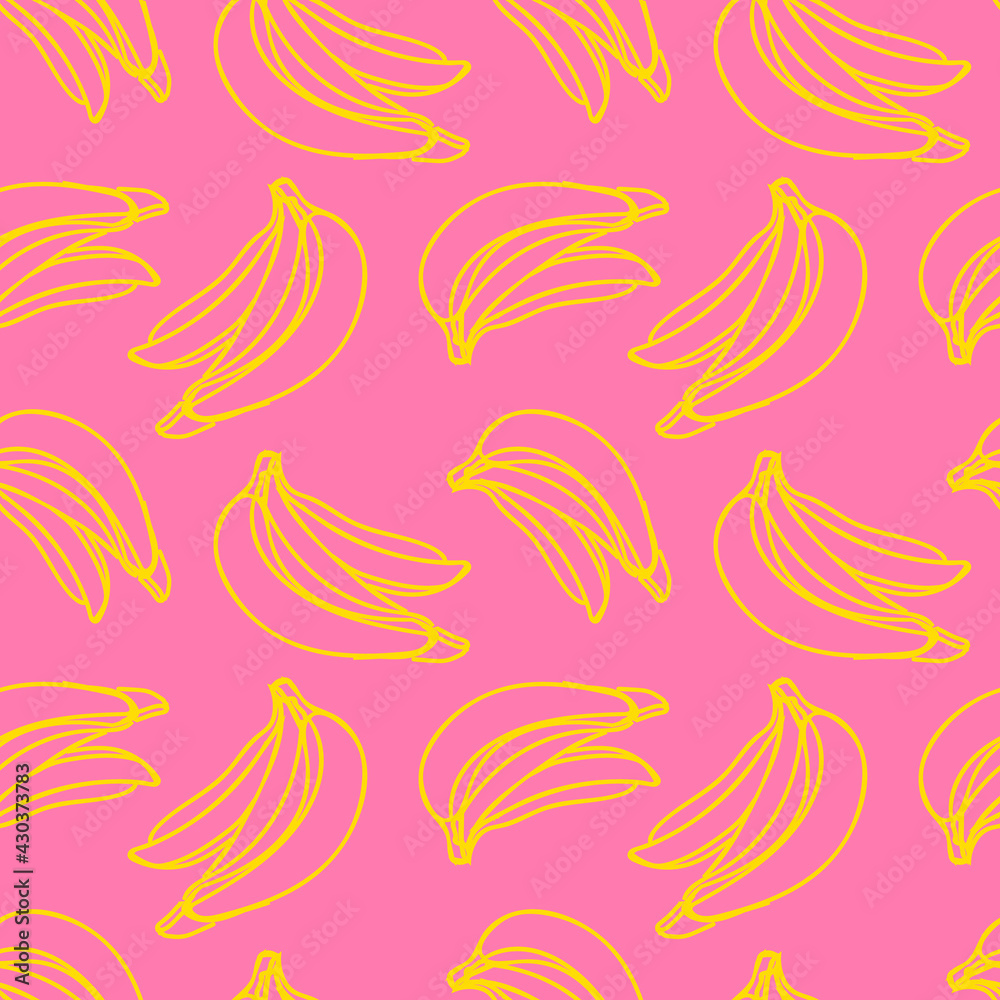 Vector seamless pattern with illustration of bananas in line art yellow color on a pink