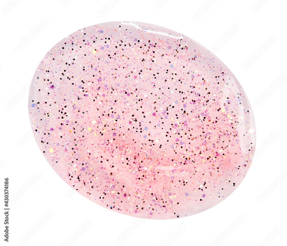 Lip gloss smear isolated on white background. Transparent pink shiny lip gloss with glitter stroke for make up Lip gloss smear isolated on white background. Transparent pink shiny lip gloss with glitter stroke for make up