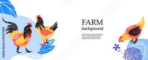 Horizontal agricultural background. Silhouettes of chickens and roosters.