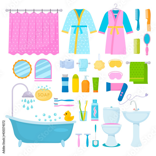a set of bathroom accessories: a bathrobe, a toilet, a washbasin with a mirror, gels, shampoo, toothpaste and a brush, a bathroom with a duckling