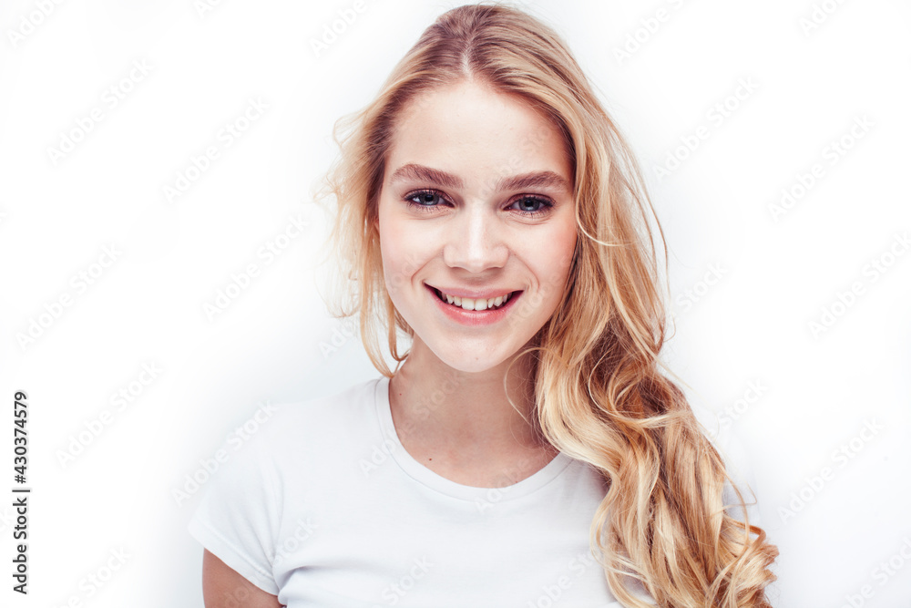 young pretty stylish blond hipster girl posing emotional isolated on white background happy smiling cool smile, lifestyle people concept young pretty stylish blond hipster girl posing emotional isolated on white background happy smiling cool smile, lifestyle people concept