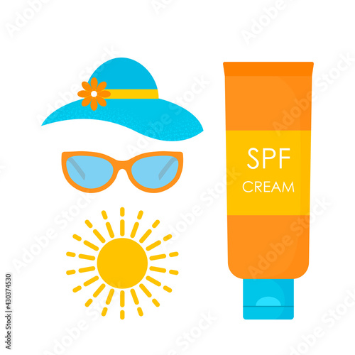 set of attributes from exposure to sunlight. womens hat, sunglasses and sun lotion.