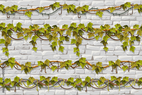 Wall and borders branches liana, ivy. Brickwork and plants jungle. Red facade of old shabby house. Vector background.