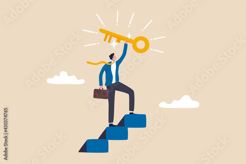 Key to business success, stairway to find secret key or achieve career target concept, businessman winner walk up to top of stairway lifting golden success key to the sky. photo