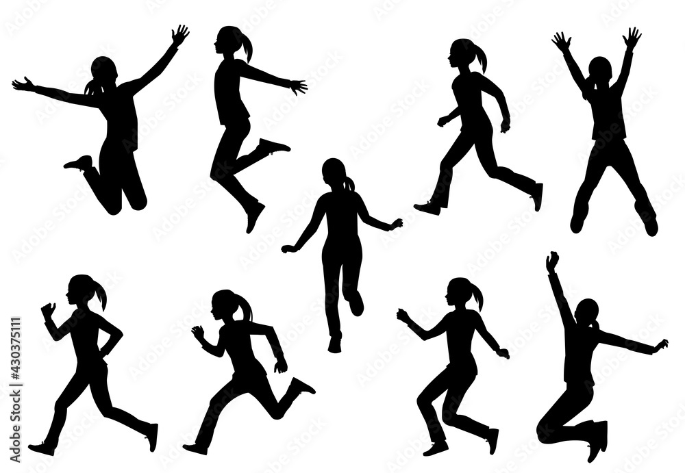 Nine isolated vector silhouettes of a teenager girl running. jumping, dancing, raising hands