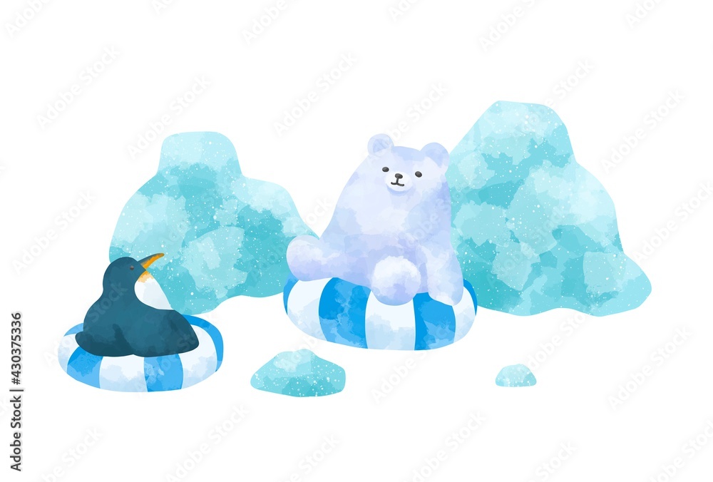 浮き輪で浮かぶシロクマとペンギンのイラスト Stock Illustration Adobe Stock