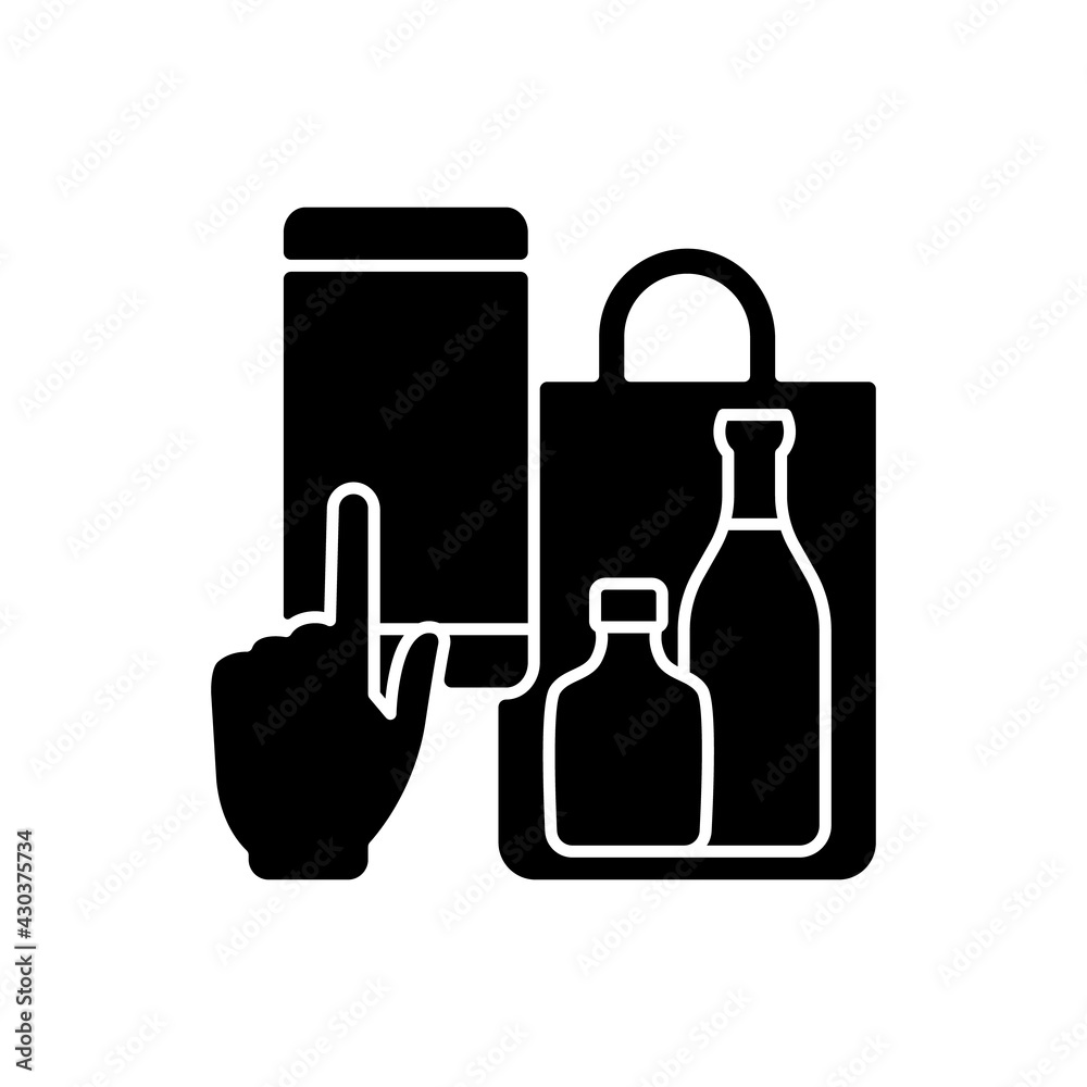 Phone drinks ordering black glyph icon. Click-and-collect option. Delivery from bar, restaurant and pub. Mobile-based ordering system. Silhouette symbol on white space. Vector isolated illustration Phone drinks ordering black glyph icon. Click-and-collect option. Delivery from bar, restaurant and pub. Mobile-based ordering system. Silhouette symbol on white space. Vector isolated illustration
