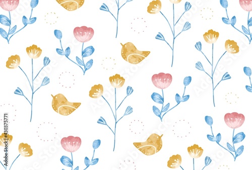 Fototapeta Naklejka Na Ścianę i Meble -  北欧風のお花と鳥のイラスト
