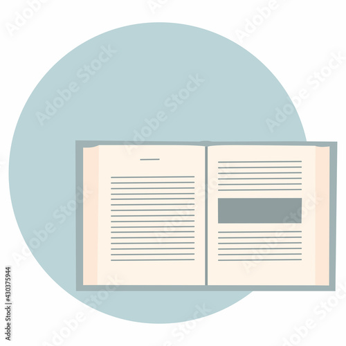Open book on circle blue background. View from above. Monochrome vector illustration on white background