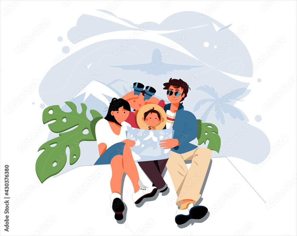 Vector illustration. A young family on vacation went to the sea to the mountains on vacation Vector illustration. A young family on vacation went to the sea to the mountains on vacation