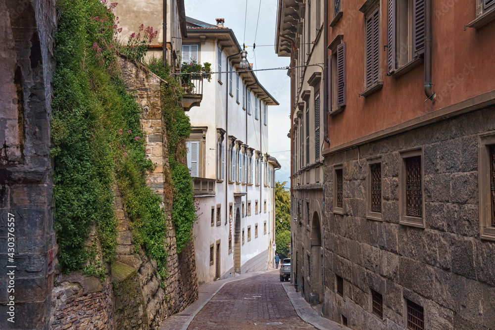 View of the old narrow historical streets in Upper Bergamo (Citta Alta). Italy.