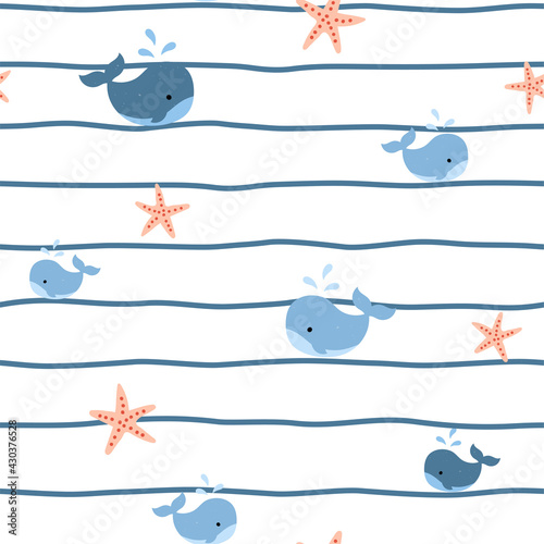 Seamless pattern with waves, whales and sea stars. Kids seamless design with marine theme. Flat vector illustration