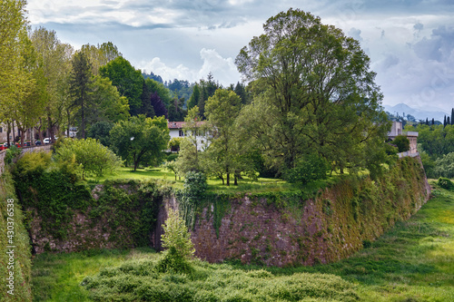 View of the famous Venetian walls in Bergamo (Citta Alta) in northern Italy. Bergamo is a city in the alpine Lombardy region.