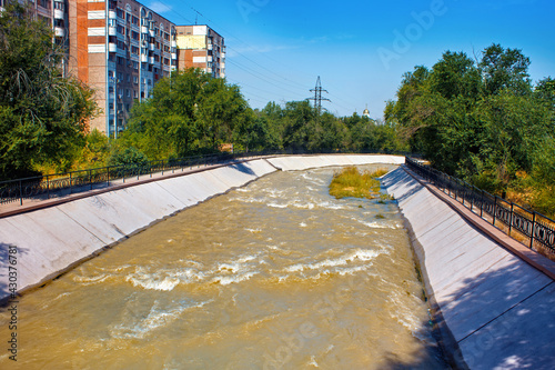 View of the Big Almatinka river in Almaty. Kazakhstan. photo