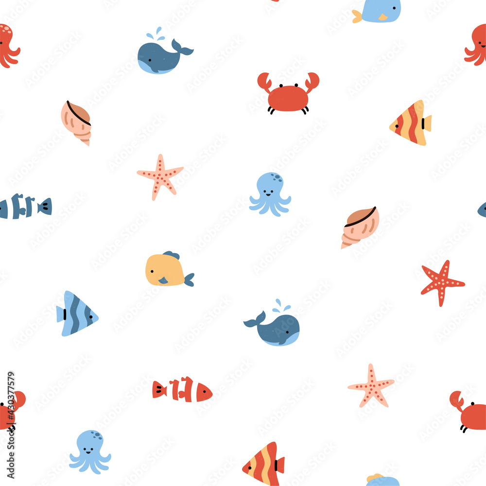 Seamless pattern with sea inhabitants. Repeat design with fish, octopus, whale, sea star and shell. Flat vector illustration Seamless pattern with sea inhabitants. Repeat design with fish, octopus, whale, sea star and shell. Flat vector illustration