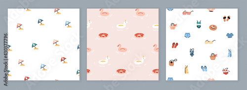Collection of seamless designs with summer icons. Trendy patterns with simple colorful illustrations. Flat vector drawing