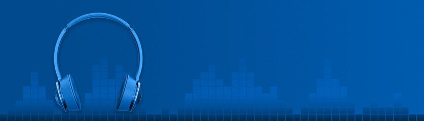 Podcast headphones with audio level on blue background, podcasting banner with copy space