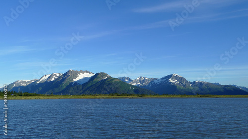 Kenai Peninsula beautiful panoramic landscape with sea and glacier covered mountains, Alaska, United States