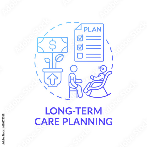 Long-term care planning concept icon. Wealth management idea thin line illustration. Retirement planning. Assisted living. Budgeting for expenses. Vector isolated outline RGB color drawing