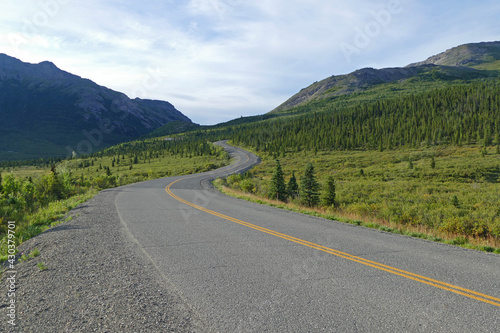 Denali National Park road, rugged landscape with boreal forest, mountains and lakes, Alaska, United States