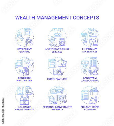 Wealth management concept icons set. Financial planning idea thin line RGB color illustrations. Insurance arrangements. Investment property. Long-term care planning. Vector isolated outline drawings