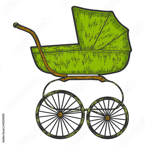 Vintage baby stroller. Sketch scratch board imitation color green.