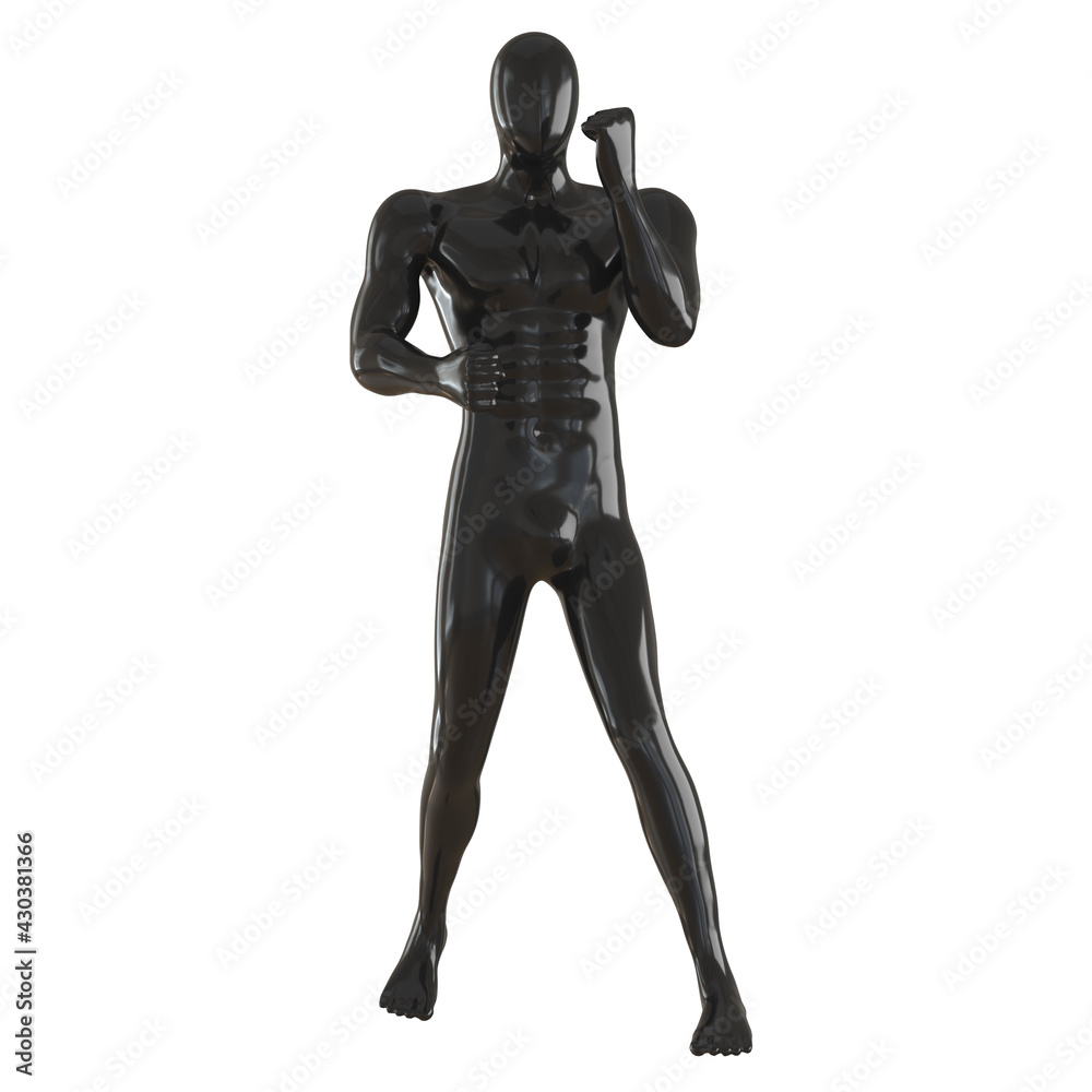 A black male mannequin stands in a fighting pose on a white background. Front view. 3d rendering