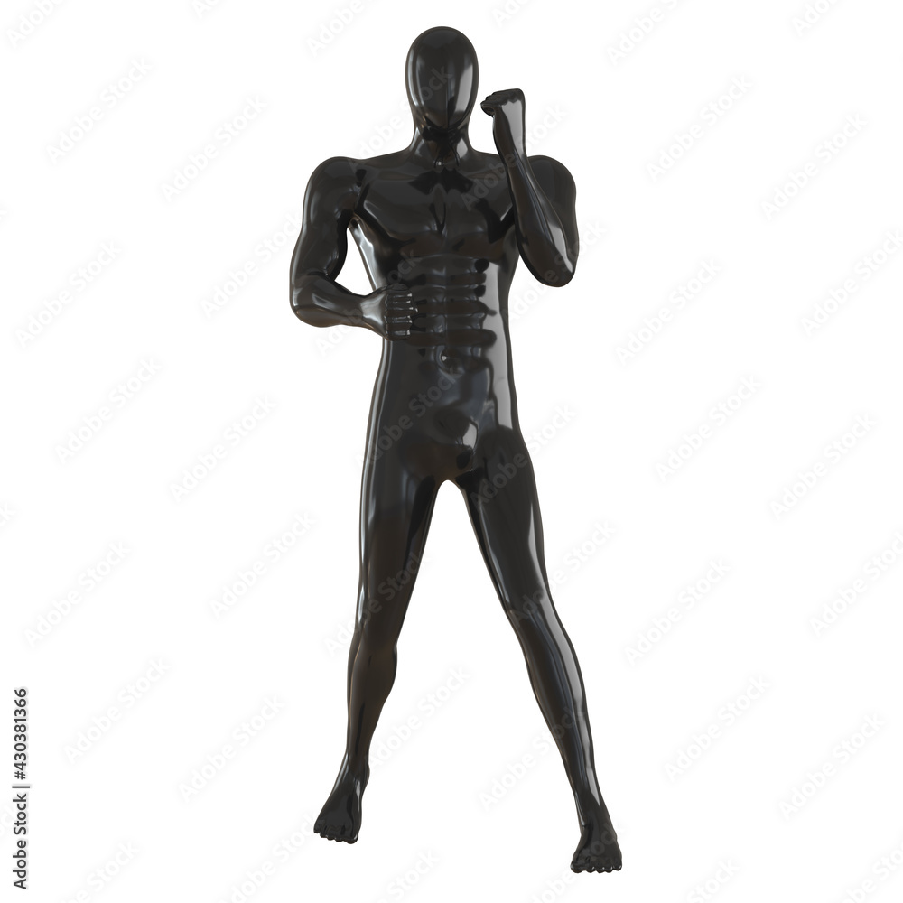 A black male mannequin stands in a fighting pose on a white background. Front view. 3d rendering A black male mannequin stands in a fighting pose on a white background. Front view. 3d rendering