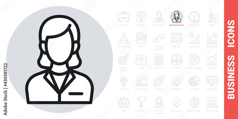Business woman or business lady icon. Woman in a strict business suit. Simple black and white version from a series of business icons Business woman or business lady icon. Woman in a strict business suit. Simple black and white version from a series of business icons