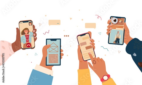 Set of hands holding smartphone flat vector Illustration. Young people use smartphones and surfing in Social Media. Boys and girls chatting, watching video, liking photos, talking in Mobile App.