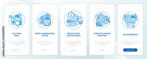 Resignation checklist onboarding mobile app page screen with concepts. Job leaving tips walkthrough 5 steps graphic instructions. UI, UX, GUI vector template with linear day mode illustrations