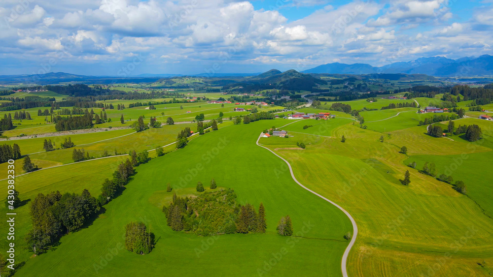 Obraz premium Wonderful Bavarian landscape in the German Alps - Allgau district - aerial view