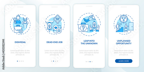 Job transition reasons onboarding mobile app page screen with concepts. Resignation causes walkthrough 4 steps graphic instructions. UI, UX, GUI vector template with linear day mode illustrations