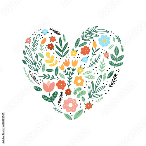 Floral heart vector illustration. Cute flowers heart clipart on white background. Botanical love collection