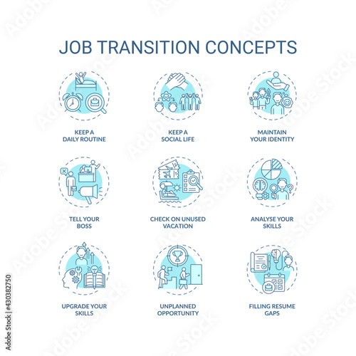 Job transition concept icons set. Career change advices idea thin line RGB color illustrations. How be successful. Upgrade your skills. Vector isolated outline drawings. Editable stroke