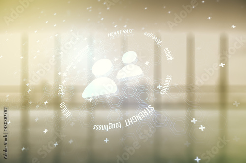 Abstract virtual people icons on empty corporate office background. Life and health insurance concept. Multiexposure