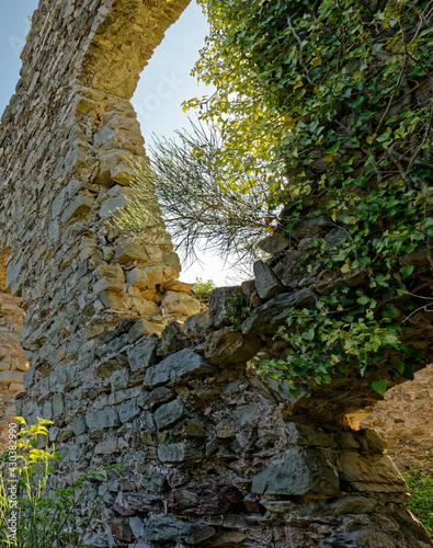 detail of old ruins of a castle near biassa a little village in la spezia photo