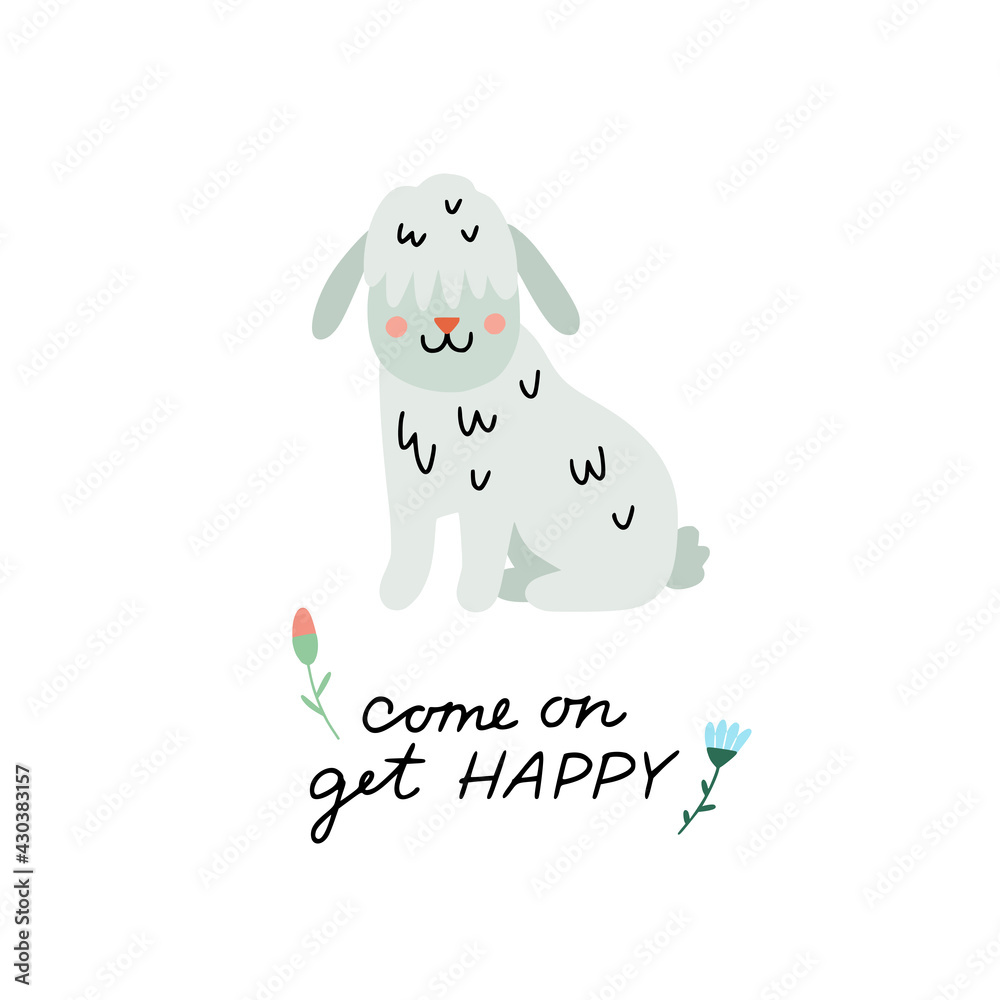 Cute dog vector illustration and lettering. Funny pet on white background. Grey dog clipart Cute dog vector illustration and lettering. Funny pet on white background. Grey dog clipart