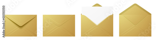 Vector set of realistic golden envelopes in different positions. Folded and unfolded luxury envelope mockup isolated on a white background.