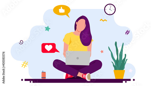 Beautiful woman sitting with laptop computer flat vector illustration. Young girl staying at home and chatting with friends via digital device. Digital technology and entertainment concept.