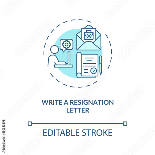 Write a resignation letter concept icon. Notice your employer idea thin line illustration. Explain transition reason. Send email. Vector isolated outline RGB color drawing. Editable stroke
