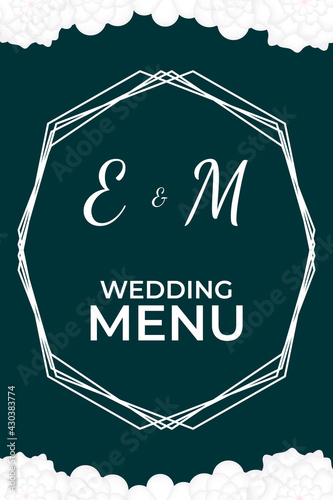 template for wedding menu cover on dark background with abstract frame, lettering, and white flowers from top and bottom