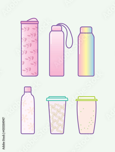 Set of zero-waste water Bottle and tumbler in illustration vector flat design