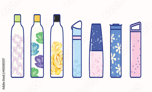 Set of zero-waste water Bottle and tumbler in illustration vector flat design