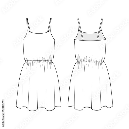 Fashion technical drawing of silk tank dress. Fashion illustration of nightgown.