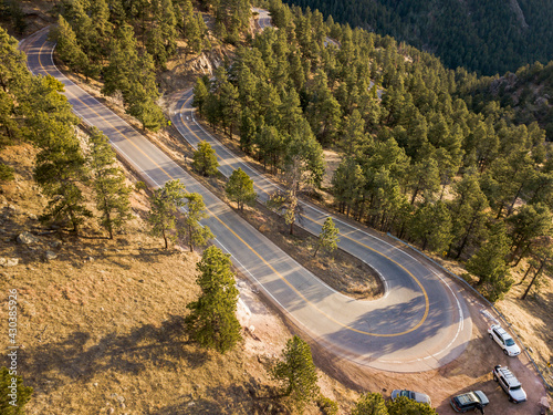 Aerial view of a U turn road on the mountain near Boulder, Colorado, United States of America.