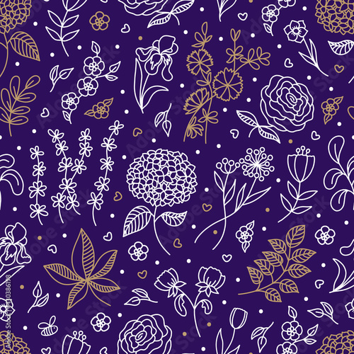 Outline vector Spring Flowers and Leaves doodle seamless pattern. Hand drawn Blossom Garden Plants. Floral background for fashion print, textile, scrapbooking, package, wrapping paper, invitation
