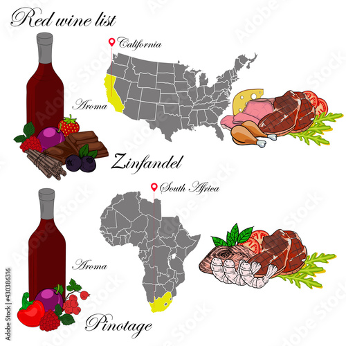 Zinfandel and Pinotage. The wine list. An illustration of a red wine with an example of aromas, a vineyard map and food that matches the wine. Background for menu and wine tasting.