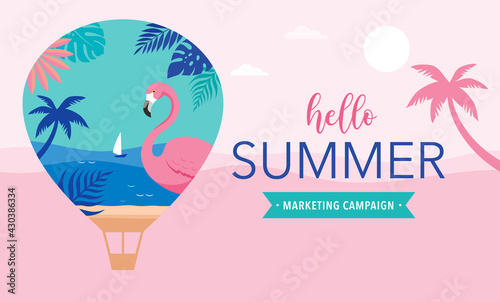Summer time fun concept design. Creative background of landscape, panorama of sea and beach on air balloon. Summer sale, post template
