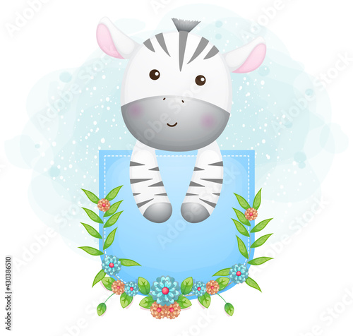 Cute doodle zebra inside the pocket with floral Premium Vector